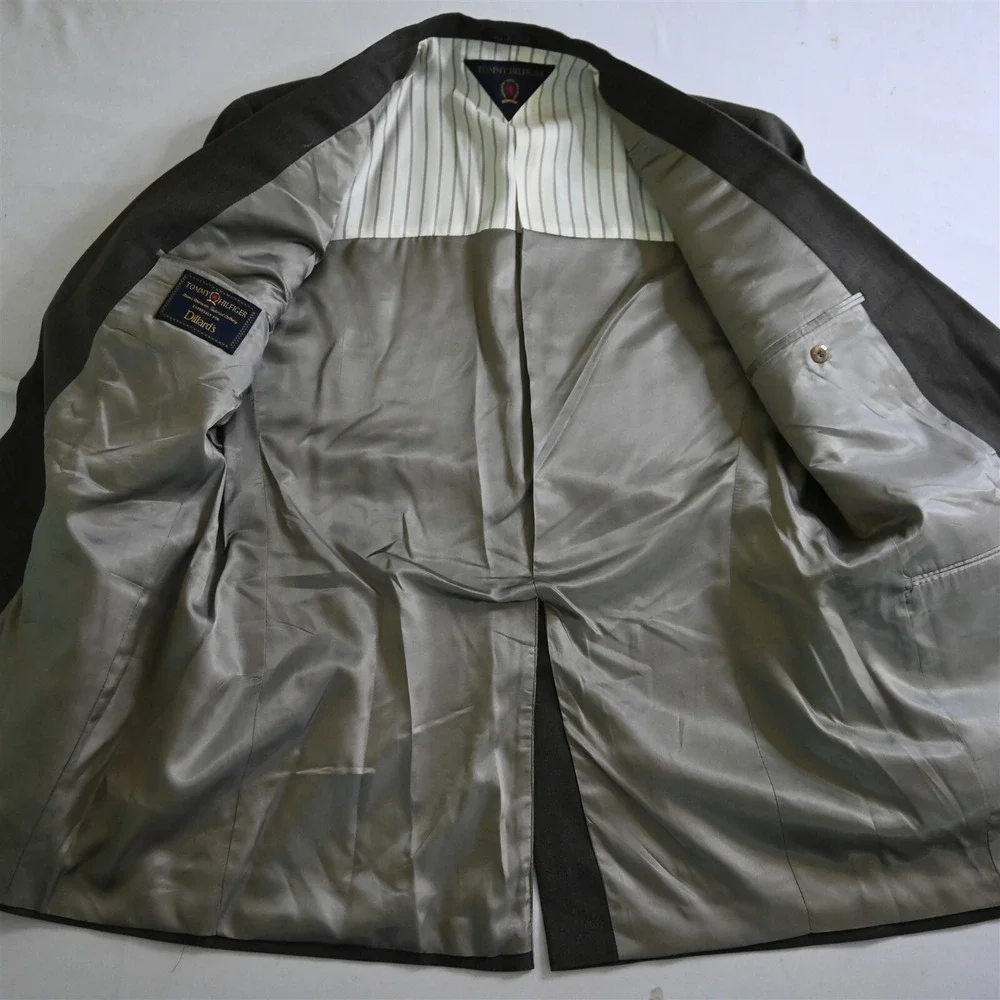 Vtg Tommy Hilfiger USA Made 44L 36x30 Brown Windowpane 100% Wool Mens‎ Suit